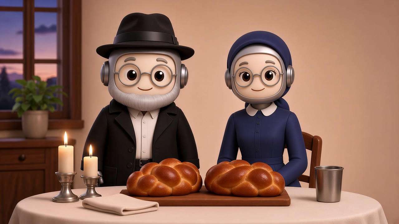 Rabbi Chabot and Mrs. Chabot at the Shabbat table with two braided challahs and candles.