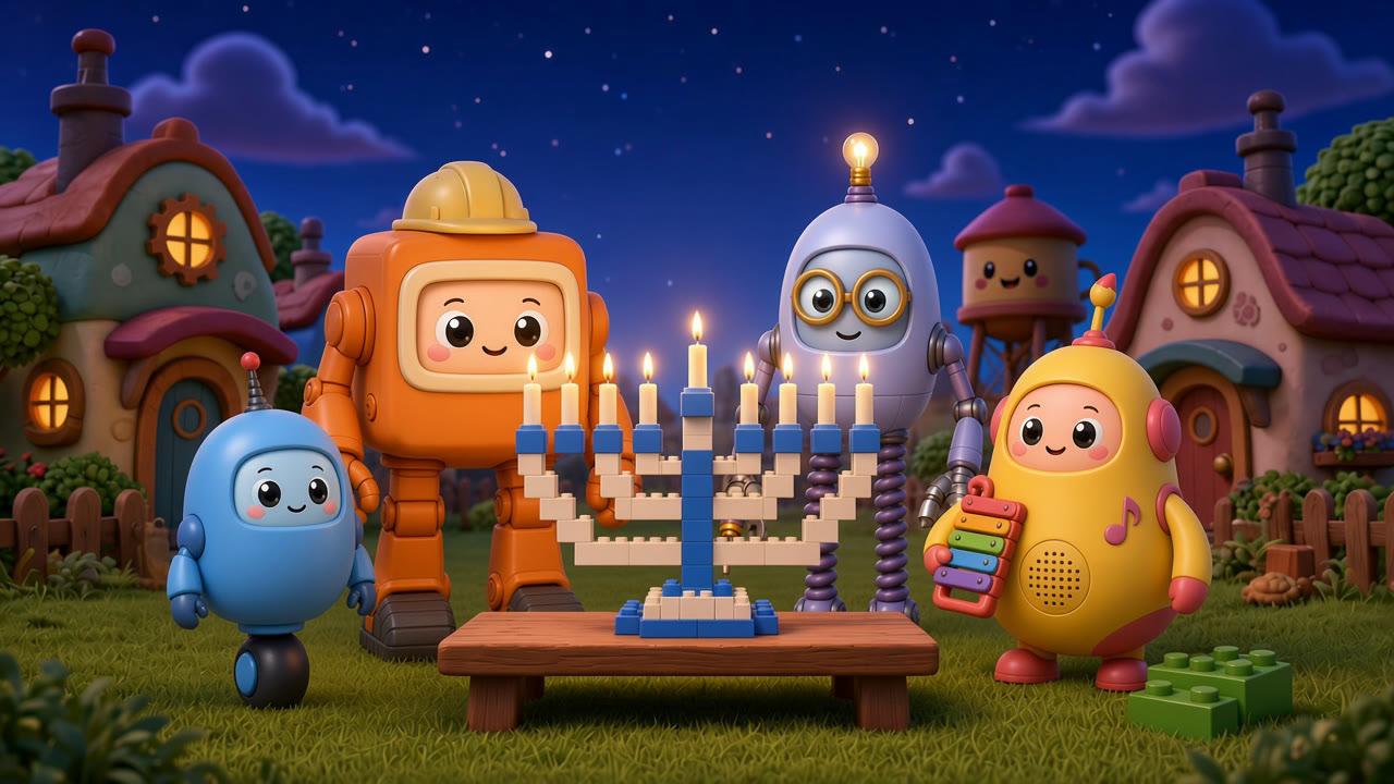 The Botsville Bots smile around a glowing blue and white brick menorah at night.