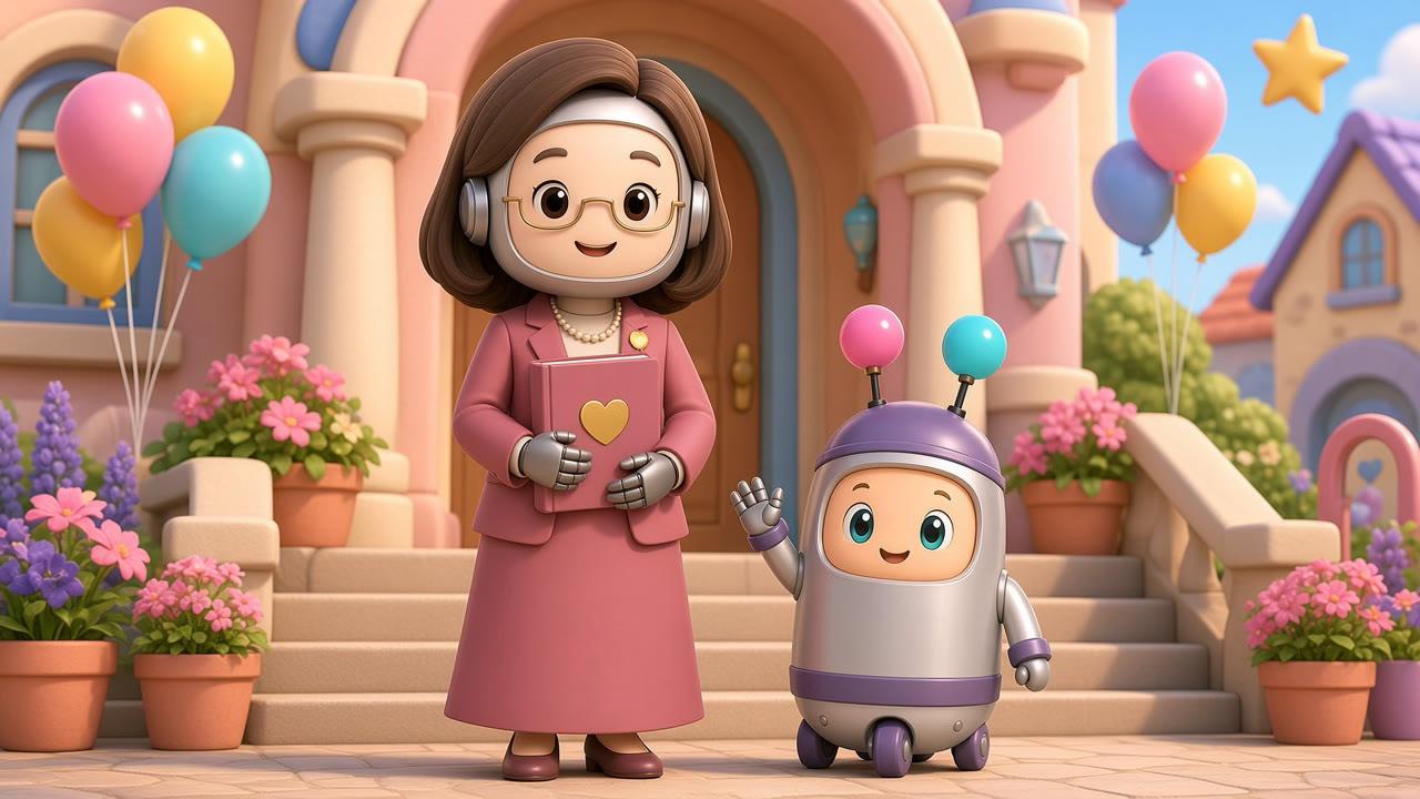 Nana, the President of Botsville, in her rose-pink blazer, stands on the sunny town hall steps holding a family album, with Bot waving beside her.