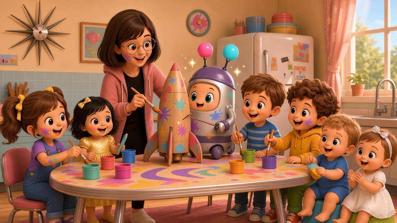 Nana, her six grandkids and Bot paint a big cardboard rocket together, with starbursts painted on its side