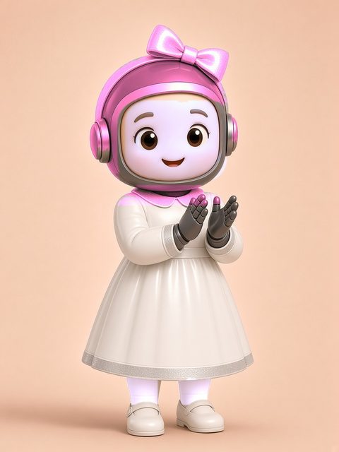 Baby Botcohen, a tiny baby bot with a soft lilac face and a bubblegum-pink helmet with a bow, in a white dress, clapping
