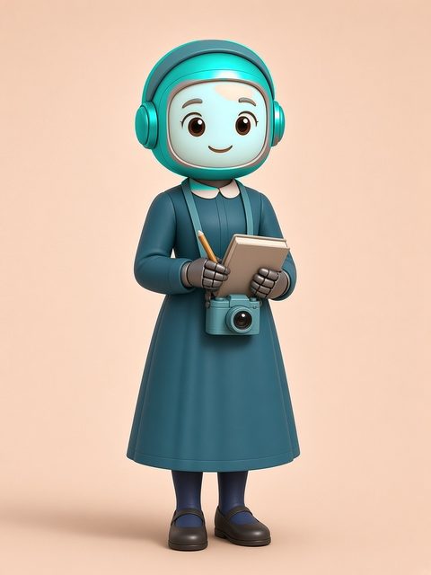 The oldest Chabot daughter, with a soft aqua face and a teal helmet, in a teal dress