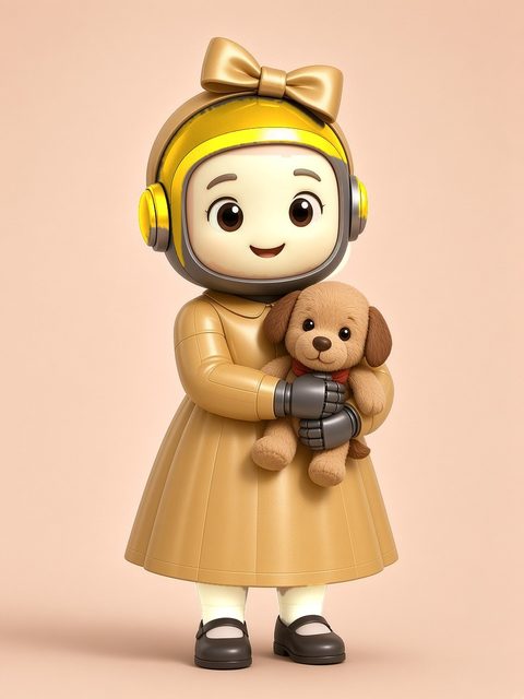 The youngest Chabot daughter, with a soft butter-yellow face and a sunny-gold helmet with a bow, hugging a toy puppy