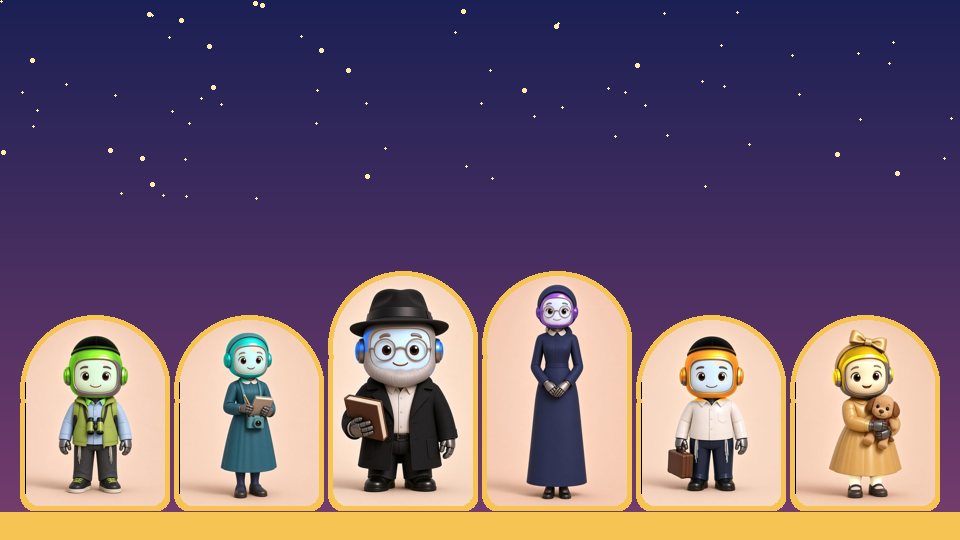Rabbi Chabot, Mrs. Chabot and their four children in arched windows under a starry evening sky
