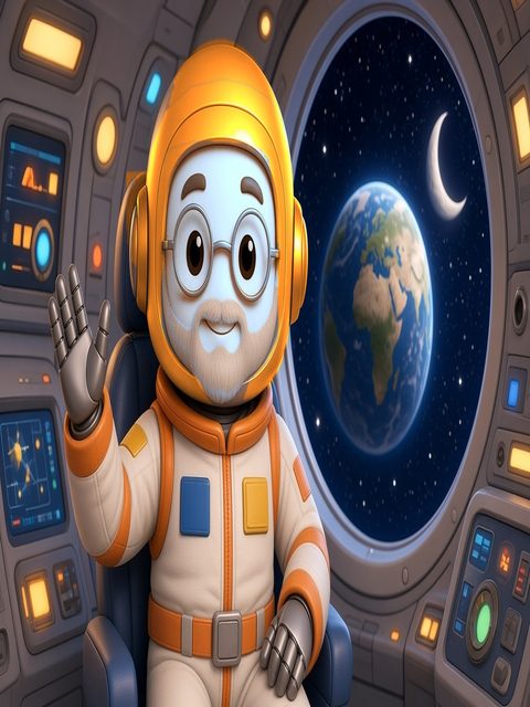 Grandpa, a bot with a soft sky-blue face and a short beard, in an orange space helmet and spacesuit, waving from his rocket window with the Earth behind him