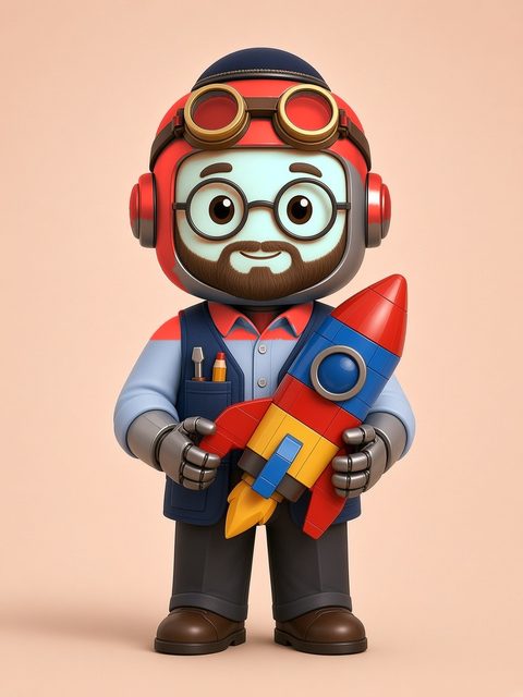 Mr. Botcohen, a bot with a soft seafoam face, a toy-brick-red helmet with builder goggles, a short beard and round glasses, holding a toy-brick rocket