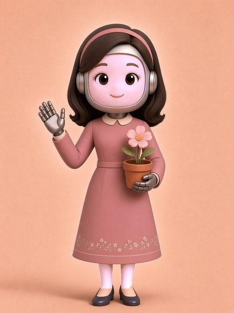 Mrs. Botcohen, a bot with a soft blush-pink face, shoulder-length dark hair and a rose headband, in a dusty-rose dress, holding a pot of pink flowers and waving