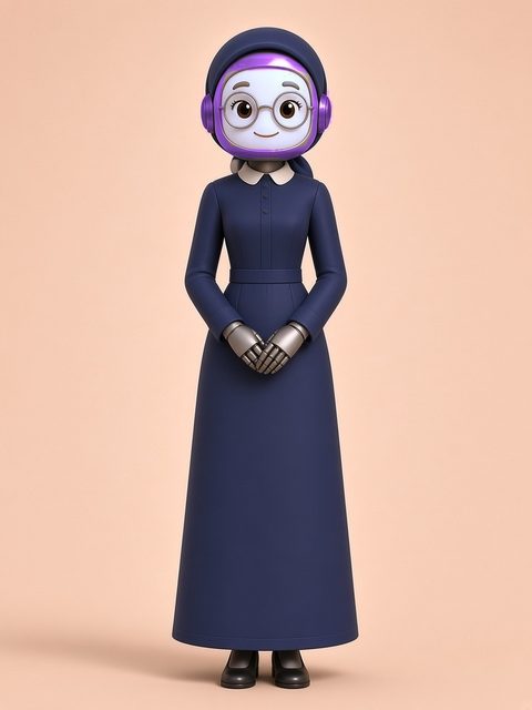 Mrs. Chabot, a tall, graceful bot with a soft periwinkle face, plum-purple ear pods, round glasses, a navy head covering and a long navy dress with a small white collar