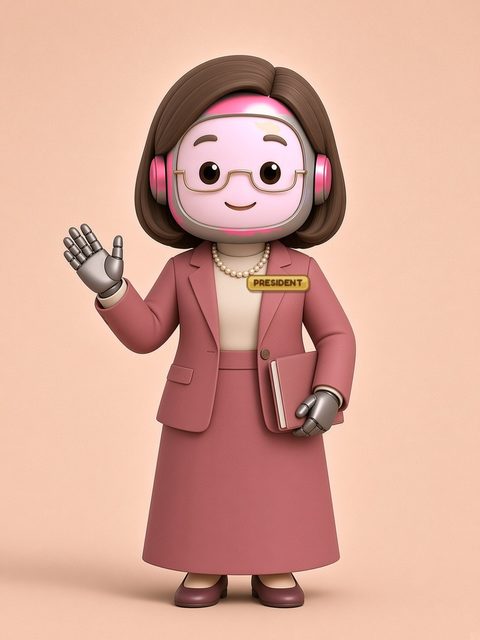 Nana, a bot with a soft rose face, raspberry-rose ear pods, wavy brown hair and round glasses, in a rose-pink suit with her President badge, waving