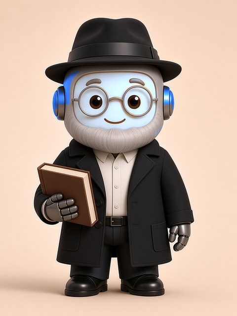 Rabbi Chabot, a wise bot with a soft powder-blue face, royal-blue ear pods, a black hat, round glasses, a silver-white beard and a long black coat, holding his book