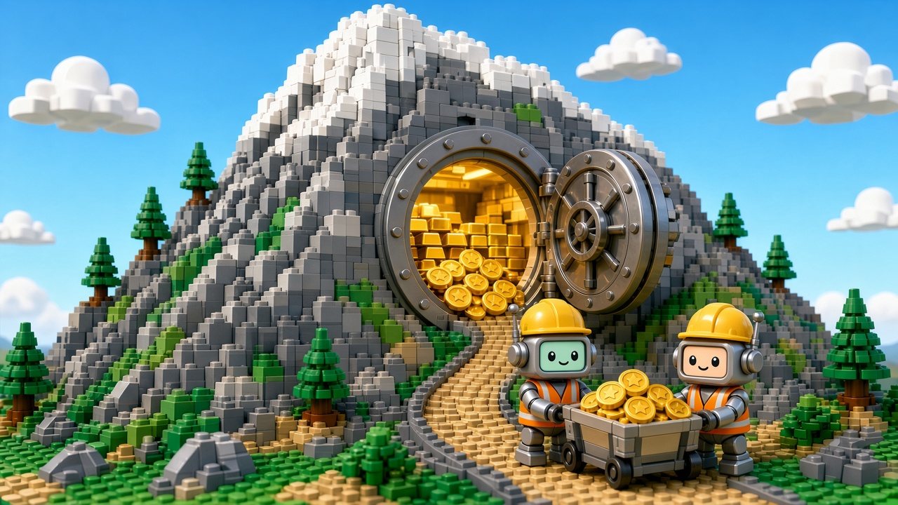 A toy-brick mountain with a big round vault door open, showing gold bars and star coins inside, while two friendly robots in yellow hard hats push a cart of gold coins