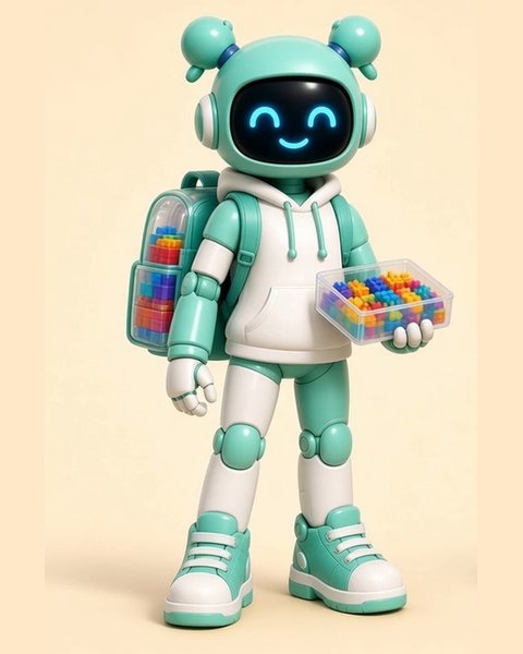 Binley, a slim mint-teal and white robot with a hoodie, sneakers and a clear backpack of sorted bricks