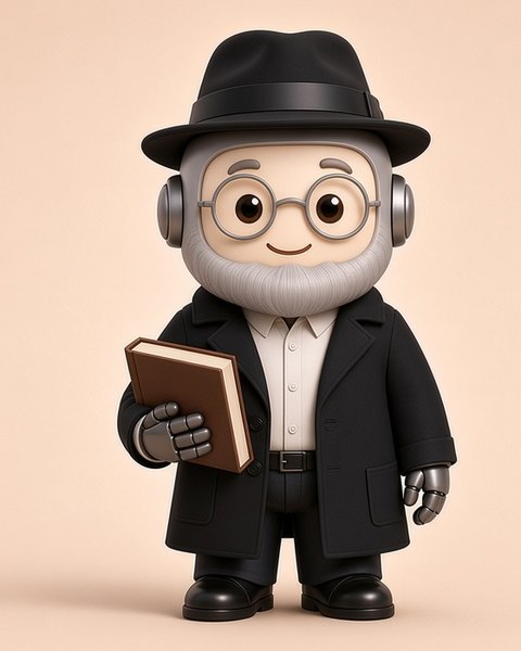 Mr. Chabot, a wise bot with a black hat, silver beard, round glasses, a long black coat and a book in his hand