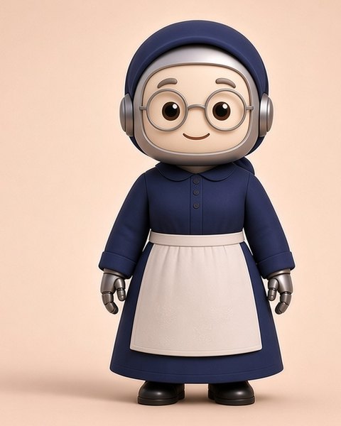 Mrs. Chabot, a warm bot with a navy head covering, round silver glasses, a long navy dress and a white baking apron