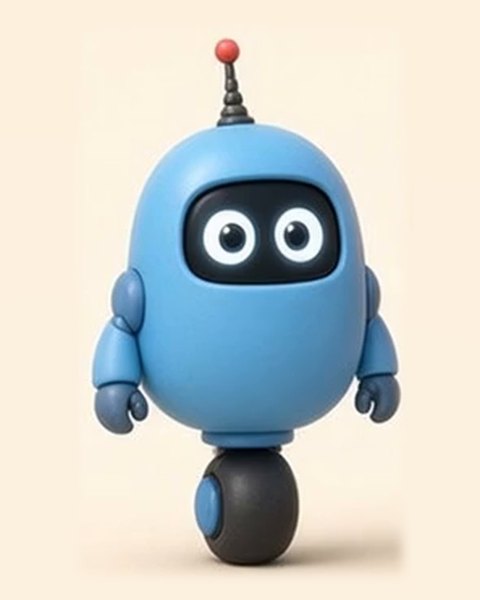 Pebbit, a tiny sky-blue robot with big eyes, one wheel and a red-tipped antenna