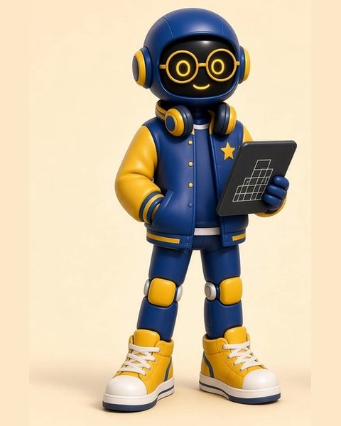 Planzo, a navy and yellow robot in a varsity-style jacket with round glasses holding a tablet