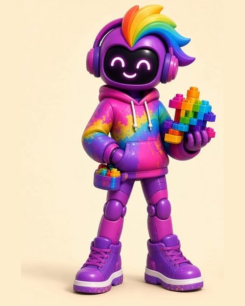 Remixa, a purple robot with a rainbow hoodie, big headphones and a rainbow fin hairdo