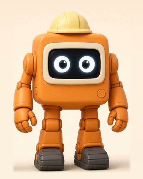 Stack, a big boxy orange robot wearing a yellow hard hat