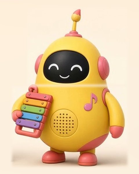 Trilla, a round yellow and coral robot with a smiling face holding a rainbow xylophone