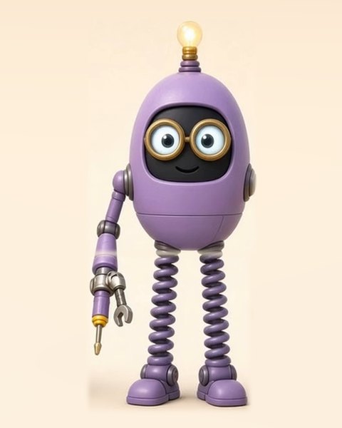Widgely, a tall lavender robot with goggles, springy legs and a light-bulb antenna