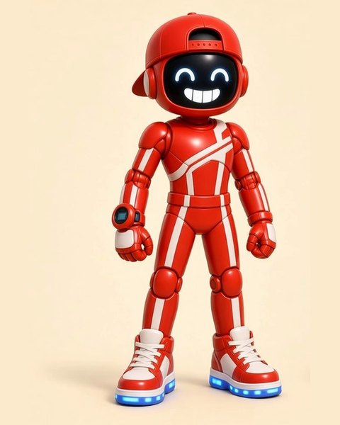 Zipley, a red robot with white racing stripes, a backwards cap and light-up sneakers
