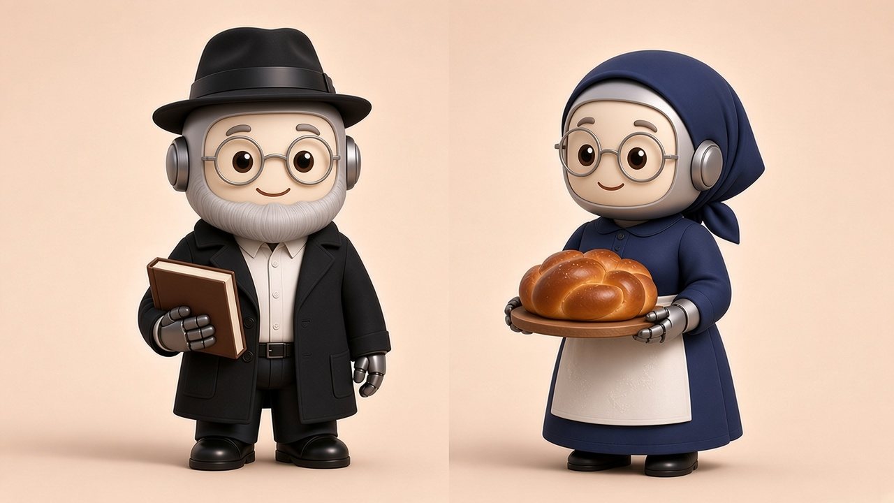 Mr. Chabot holding his book and Mrs. Chabot holding a braided challah on a wooden board