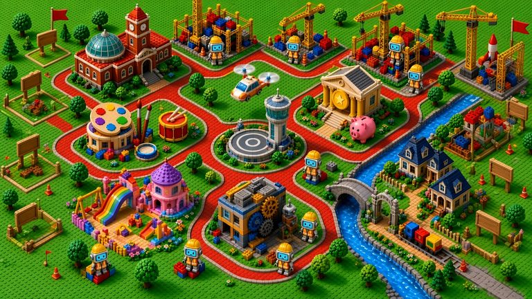 The colorful toy-brick Botsville city map