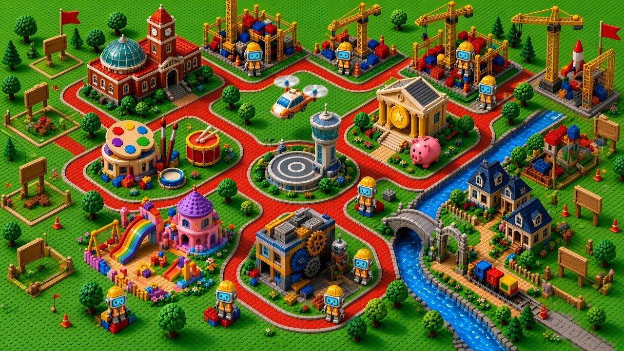 Illustrated map of Botsville, a colorful toy-brick city with brick-red roads. Kids' Corner has a rainbow slide and swings, Builders & Inventors is a workshop with giant gears, World Travel is an airport with a flying car, the Art & Music Studio has a paint-palette roof and a drum, Botsville University has a clock tower, Finance is a bank with a piggy bank, and across a little bridge and through a gate is the neighborhood of Chabotville. Cranes, scaffolds and little construction robots in orange safety vests and yellow hard hats are building new buildings along the top and beside the river. Around the edges the city is still growing: empty lots with traffic cones, survey flags, roped-off plots, cranes, blank signposts for future neighborhoods, and a little rocket on a launch pad.