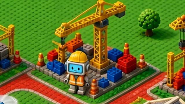 Yellow cranes and scaffolding over stacks of colorful toy bricks