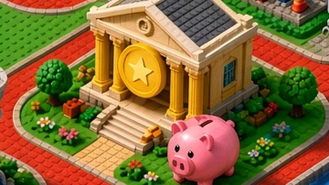 A toy-brick bank with golden columns and a pink piggy bank