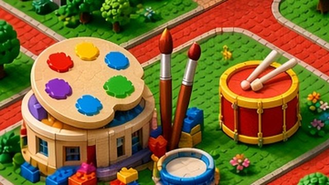 A toy-brick art studio with a paint-palette roof, giant paintbrushes and a big red drum