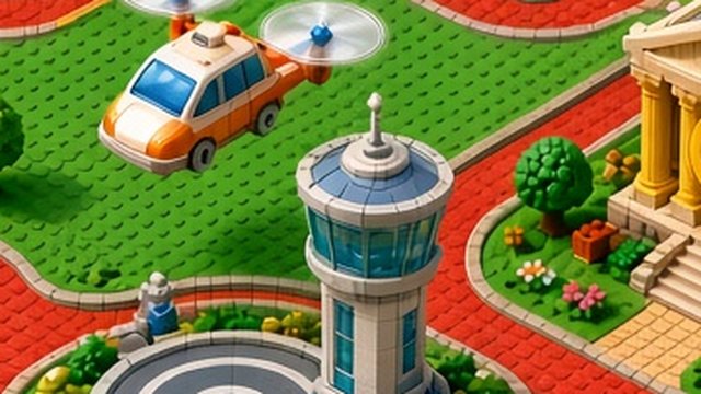 A toy-brick airport with a glass control tower, a round landing pad and a flying car