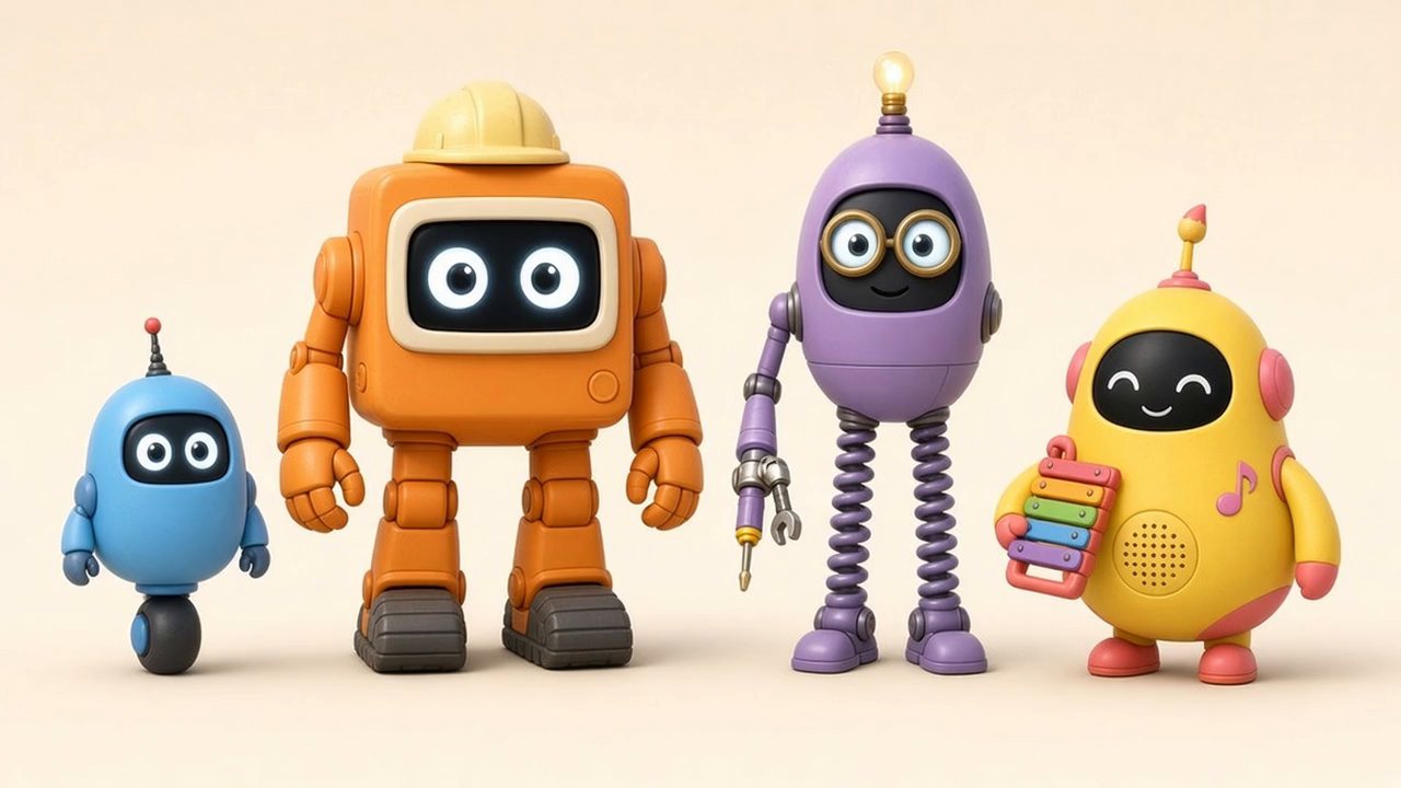 The four bots standing in a row: Pebbit, Stack, Widgely and Trilla