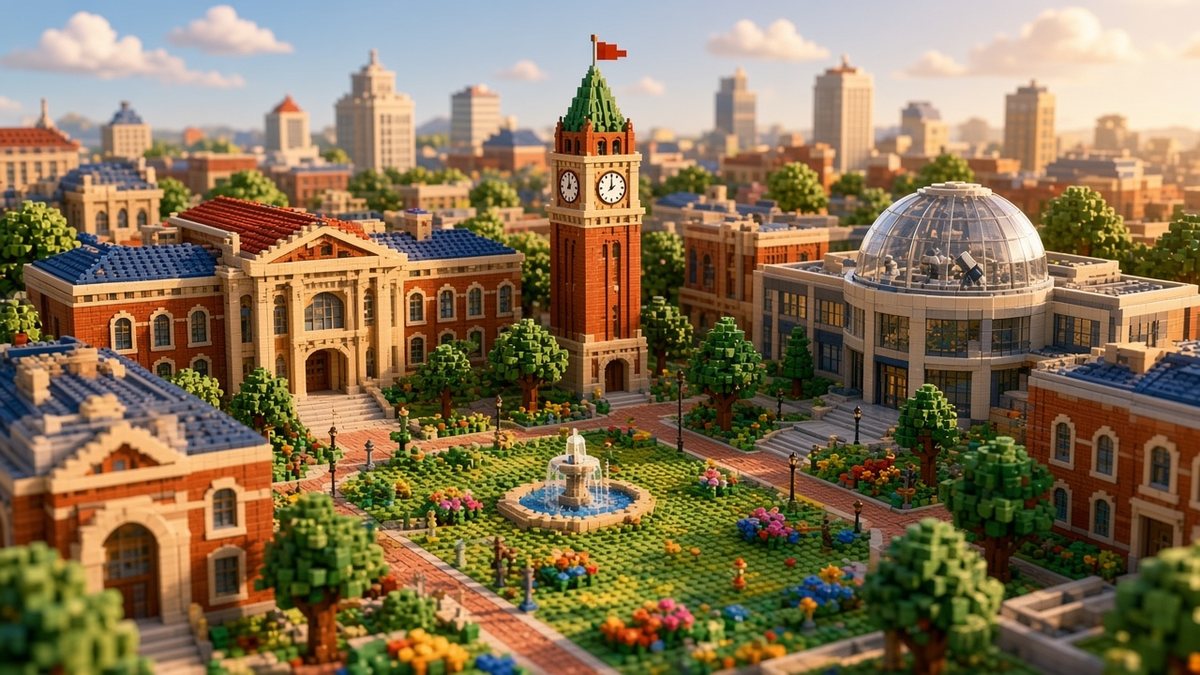 The Botsville University campus: a red-brick clock tower, a glass dome and a garden with a fountain