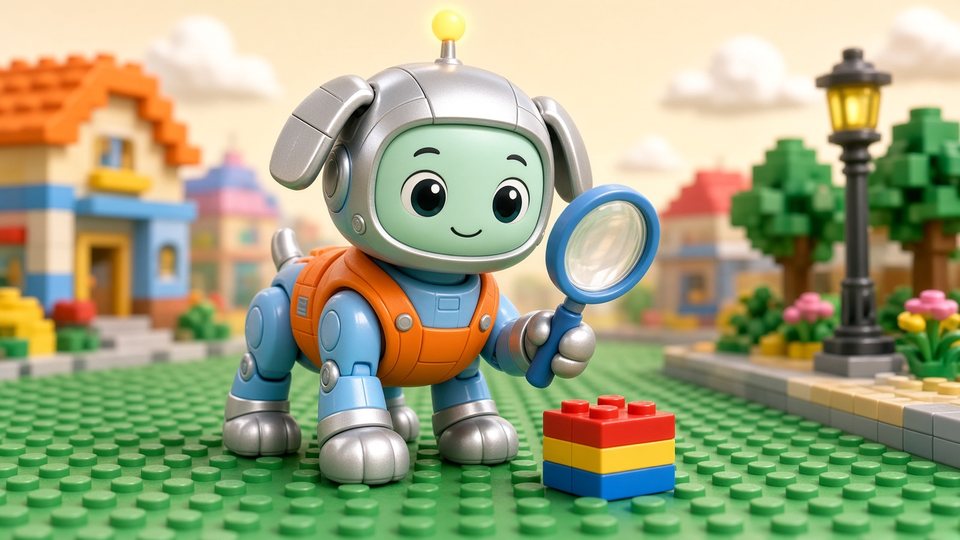A friendly robot puppy looking at a toy brick through a magnifying glass